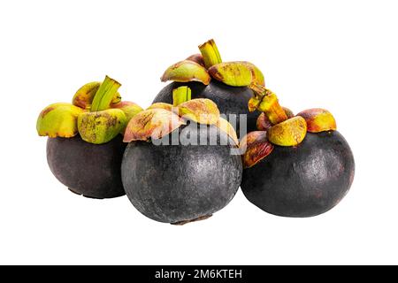 Reifes Mangostan isoliert auf weißem Hintergrund mit Schnittweg. Stockfoto