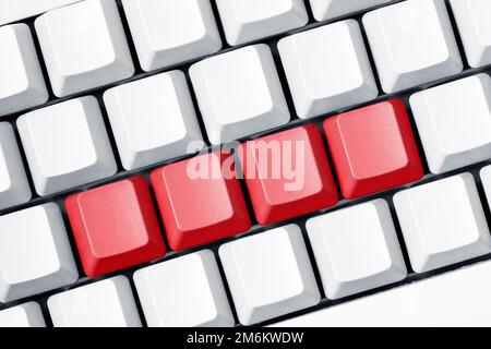 Vier leere rote Tasten auf der Nahaufnahme der weißen Tastatur Stockfoto