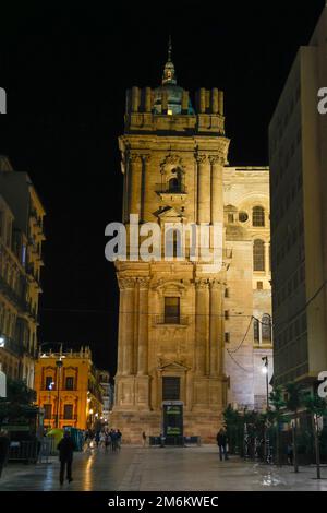 Der Glockenturm der Kathedrale beleuchtet bei Nacht in Malaga, Andalusien, Spanien, Europa. Stockfoto