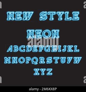 Neon-leuchtende isometrische Schriftartvektordarstellung im neuen Stil. Einzigartiges dekoratives blaues Licht Typ 3D, große kalligraphische Buchstaben isoliert auf weißem Hintergrund. Lateinisches modernes oder Retro-Design Stock Vektor