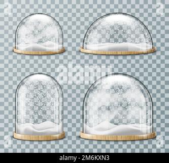 Glaskuppel mit schneerealistischem Vektor. Runde Glaskuppel verschiedener Formen mit heller Holzplatte und weißen herabfallenden Schneeflocken, isoliert auf transparentem Hintergrund. Weihnachtssouvenir Stock Vektor