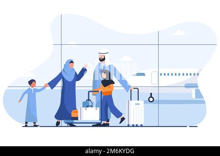 Arabischer Moslem glückliche Familie am Flughafen. Familienausflug oder Feier flacher Cartoon Vector Illustration. Kann am Wochenende für die Familie genutzt werden Stock Vektor