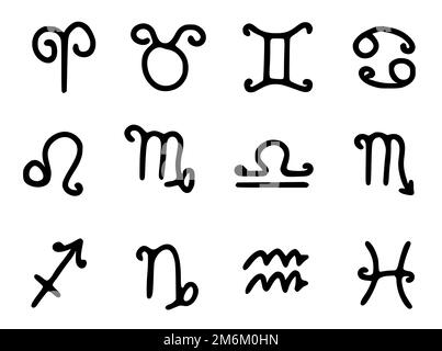 Vektor-Set von Tierkreiszeichen im Doodle-Stil isoliert auf weißem Hintergrund. Horoskop Symbole Clip Art. Stockfoto