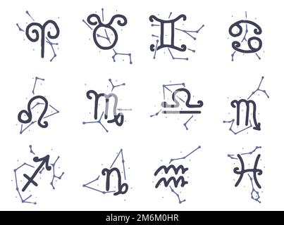 Vektor-Set von Tierkreiszeichen mit Sternbildern im Doodle-Stil isoliert auf weißem Hintergrund. Horoskop Symbole Clip Art. Stockfoto