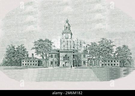 Independence Hall vom alten amerikanischen Geld Stockfoto