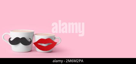 Tassen Kaffee mit Schnurrbart aus Papier und Lippen auf rosa Hintergrund mit Platz für Text. Valentinstag-Feier Stockfoto