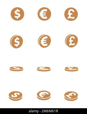 Vektor-Satz von Dollar, Euro und Pfund Sterling Münzen in solidem Stil. Finanz- und Bankwesen Clip Art. Stockfoto