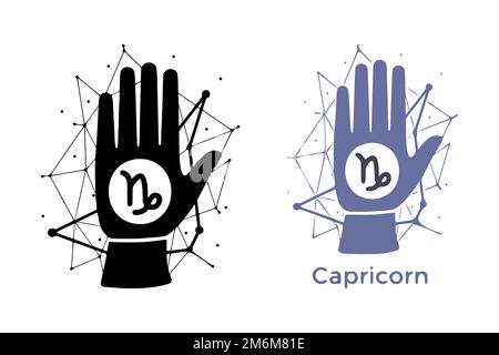 Hand mit Steinbock-Symbol isoliert auf weißem Hintergrund. Horoskop Wahrsagerei Kunst. Constellation Doodle Design. Stockfoto