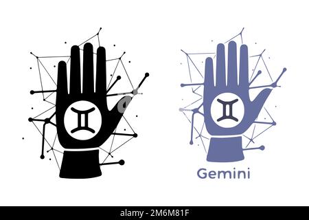 Hand mit Gemini-Symbol auf weißem Hintergrund isoliert. Horoskop Wahrsagerei Kunst. Constellation Doodle Design. Stockfoto