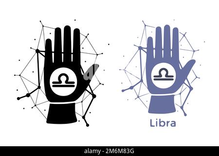 Hand mit Waage-Symbol isoliert auf weißem Hintergrund. Horoskop Wahrsagerei Kunst. Constellation Doodle Design. Stockfoto