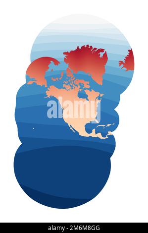 Weltkartenvektor. Modifizierte stereographische Projektion für die Vereinigten Staaten einschließlich Alaska und Hawaii. Welt in rot-orangefarbenem Farbverlauf auf tiefblauem Ozean Stock Vektor