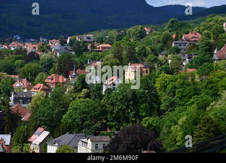 Luftaufnahme über die Altstadt von Rudolstadt, Thüringen Stockfoto