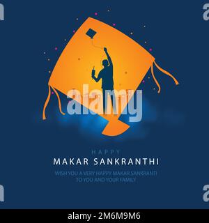 Indisches Festival Happy Makar Sankranti Posterdesign mit Drachen, die wolkigen Himmel fliegen. Abstraktes Vektordesign. Stock Vektor