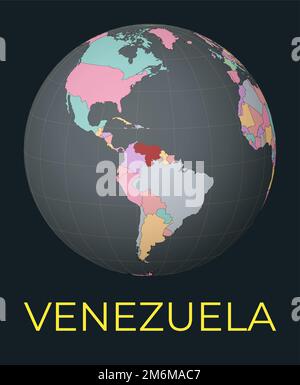 Weltkarte mit Schwerpunkt Venezuela. Rotes Land hervorgehoben. Satellitenansicht der Welt mit dem Namen des Landes. Vektorabbildung. Stock Vektor