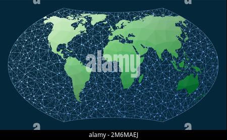 Abstrakte Weltkarte Telekommunikation. Wagner-Projektion. Grüne, niedrige Poly-Welt-Karte mit Netzwerkhintergrund. Trendige, vernetzte Welt für Infografiken oder Stock Vektor