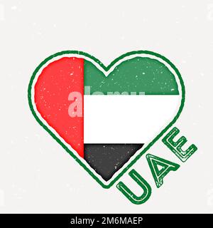 Logo mit Herzflagge in den VAE. UAE-Logo mit Grunge-Struktur. Flagge der Landherzform. Vektordarstellung. Stock Vektor