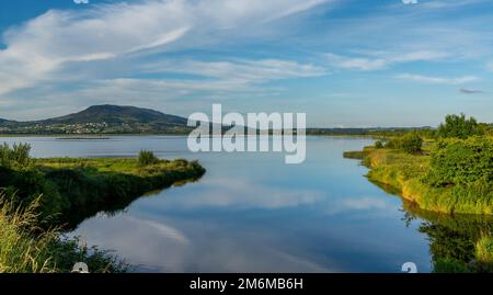 Landschaftsblick auf das Inch Levels Wildfowl Reserve auf Lough Swilly bei Sonnenuntergang Stockfoto