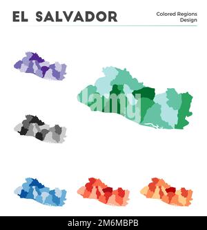 Kartensammlung Republik El Salvador. Grenzen der Republik El Salvador für Ihre Infografik. Farbige Länderregionen. Vektordarstellung. Stock Vektor