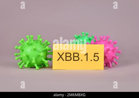 Neues XBB.1,5 Omicron Subvarianten-Virusmutationskonzept mit Virusmodell und Text Stockfoto