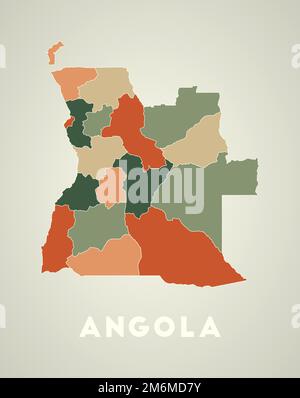 Angola-Poster im Retro-Stil. Karte des Landes mit Regionen in der Farbpalette für den Herbst. Form Angolas mit Ländernamen. Schöne Vektorillustratio Stock Vektor