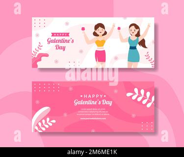 Happy Galentines Day Banner Flache Cartoon Handgezeichnete Vorlagen Illustration Stock Vektor