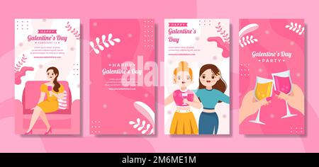 Happy Galentines Day Social Media Stories Flat Cartoon Handgezeichnete Vorlagen Illustration Stock Vektor