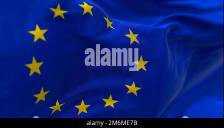 Nahaufnahme der Flagge der Europäischen Union, die im Wind winkt Stockfoto