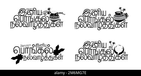 Frohes Pongal Typografie-Set. Vorlagen für Grußkarten, Banner, Overlays, Dekorationen, Vektoren, Logo, Embleme, Textdesign Stock Vektor