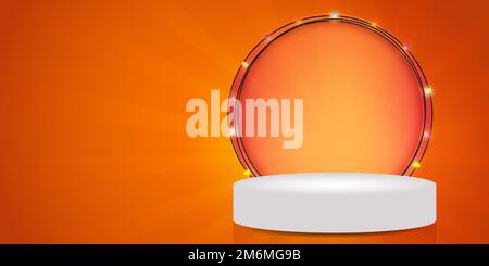 3D Abstrakter Podium minimaler Hintergrund mit farbenfrohem, hellem, rundem Girlandrahmen und Lichtstrahlen im Hintergrund. Perfekt für die Präsentation von Produkten und Werbeaktionen Stock Vektor