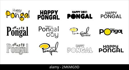 Frohes Pongal Typografie-Set. Vektorlogo, Embleme, Textdesign. Geeignet für Banner, Poster, Grußkarten, Geschenke usw. Stock Vektor