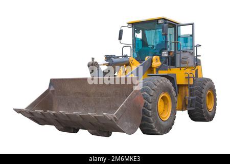 Bulldozer mit hoher Leistung isoliert auf weißem Hintergrund mit Beschneidungspfad. Stockfoto