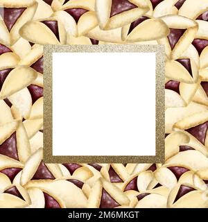 Aquarelle Darstellung von Purim-Keksen mit goldenem quadratischem Rahmen, jüdische Begrüßungsvorlage mit weißem Hintergrund. Stockfoto