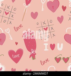 Nahtloses Muster mit roten Herzen, Liebeserklärungen und mehr. Hintergrund zum Valentinstag mit Symbolen von Liebe, Romantik und Leidenschaft. Stock Vektor