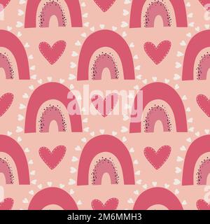 Nahtloses Muster mit roten Herzen, Liebeserklärungen und Regenbögen. Hintergrund zum Valentinstag mit Symbolen von Liebe, Romantik und Leidenschaft. Stock Vektor