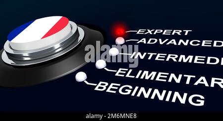 Schaltknopftaste mit französischer Flagge und französischer Sprachstufe „Expert“ Stockfoto