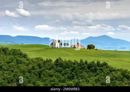 SAN QUIRICIO TOSKANA, ITALIEN - MAI 22 : Kapelle von Vitaleta auf dem Kamm eines Hügels in der Nähe von San Quiricio, Toskana am 22. Mai 2013 Stockfoto