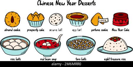 CNY-Feier, chinesische Neujahrsdesserts, Vektorgrafik im Doodle-Stil. Stock Vektor