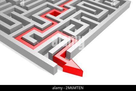 Labyrinth mit rotem Pfeil isoliert auf weißem Hintergrund Stockfoto