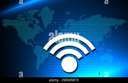 WLAN-Symbol mit Weltkarte als Hintergrund Stockfoto