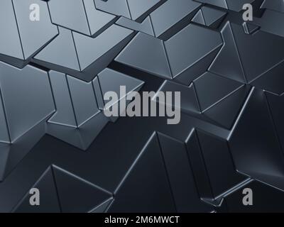 Abstrakter dunkler linear ausgetragener Hintergrund. Minimalistisch helle, saubere Firmenwand. Darstellung der geometrischen 3D-Oberfläche. Verschiebung von polygonalen Elementen. 3D-Renderin Stockfoto