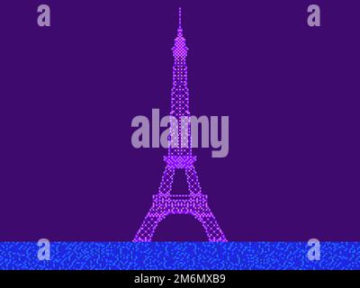 Landschaft mit Eiffelturm im Pixel Art Stil. 8-Bit Eiffel Towers Retro-Videospiel-Style. Design für Druck-, Geschenkpapier- und Werbematerialien Stock Vektor