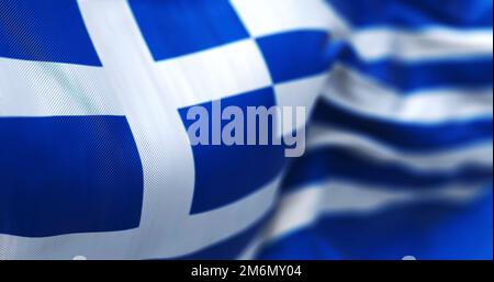 Nahaufnahme der griechischen Nationalflagge, die im Wind winkt Stockfoto