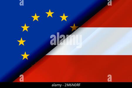 Die Flaggen der EU und Österreichs sind diagonal geteilt Stockfoto