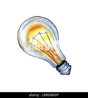 Aquarelldarstellung einer gelben Glühbirne. Edison-Lampe, Glühlampe, Iljitsch. Kreatives Denken und einzigartige Ideen. Isoliert auf weiß Stockfoto