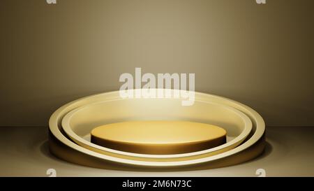 Gold Luxury Podium-Farbe 3D Hintergrund mit geometrischen Formen Kreis, leerer Sockel auf einer Etage gebogene Wand des Platfo Stockfoto