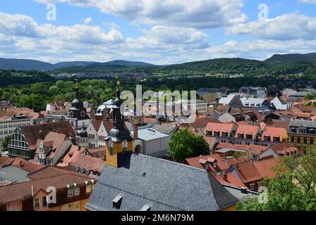 Luftaufnahme über die Altstadt von Rudolstadt, Thüringen Stockfoto