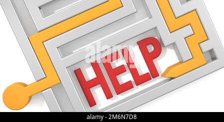 Pfeil durchs Labyrinth, um Hilfe zu finden Stockfoto