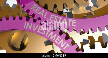 Immobilieninvestitionswort auf Getriebe Stockfoto