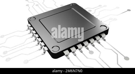 Schwarzer Mikrochip isoliert auf weißem Hintergrund Stockfoto