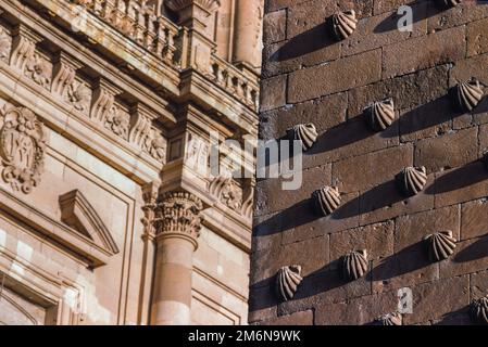 Salamanca Spanien, gegensätzliche Architektur im Universitätsbereich: Die barocke Kirche La Clerecia (L) und die Casa de las Conchas (R) aus der Renaissance-Ära Stockfoto